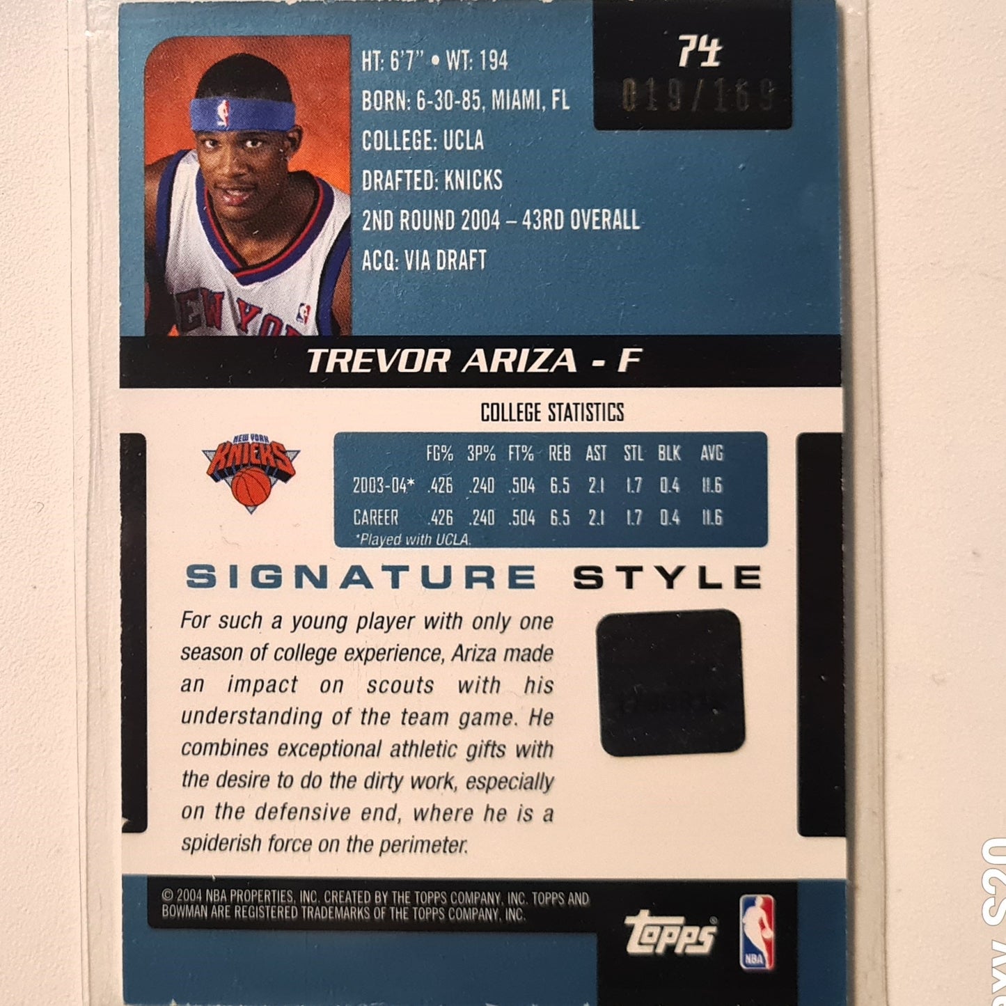 Trevor Ariza 2004 Topps bowman signatures Auto Patch Rookie RC 019/169 #74 NBA Basketball New York Knicks very good sleeved