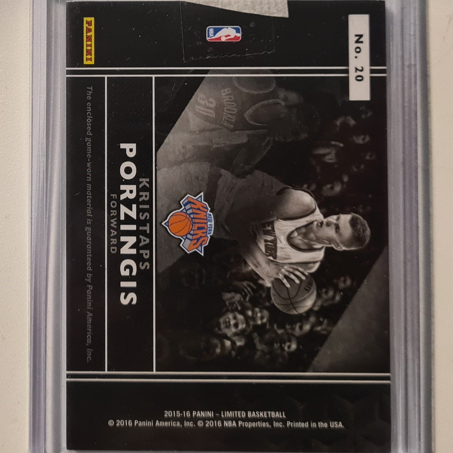 Kristaps Porzingis 2015-16 Panini Limited Knicks rookie RC Game worn patch 57/99 #20 Basketball New York Knicks excellent sleeved