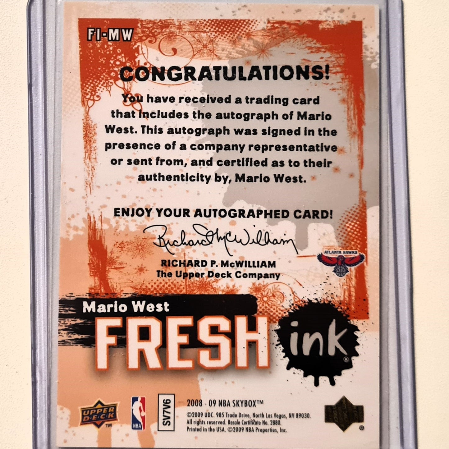 Mario West 2008-09 Upper-Deck Skybox Fresh Ink Auto FI-MW NBA Basketball Atlanta Hawks Superb Sleeved
