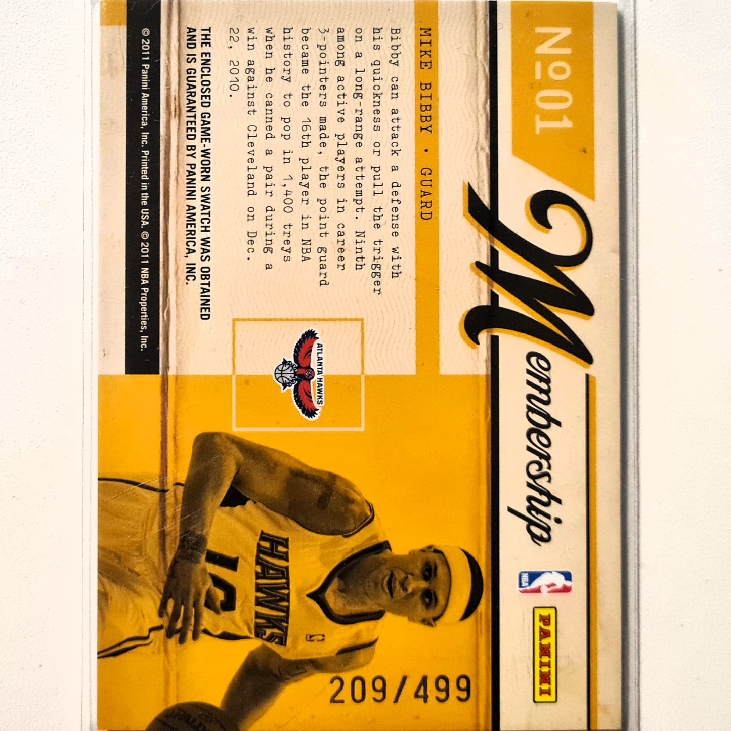 Mike Bibby 2010-11 Panini Classics Membership relic patch 209/499 No 01 NBA Basketball Atlanta Hawks Superb Sleeved
