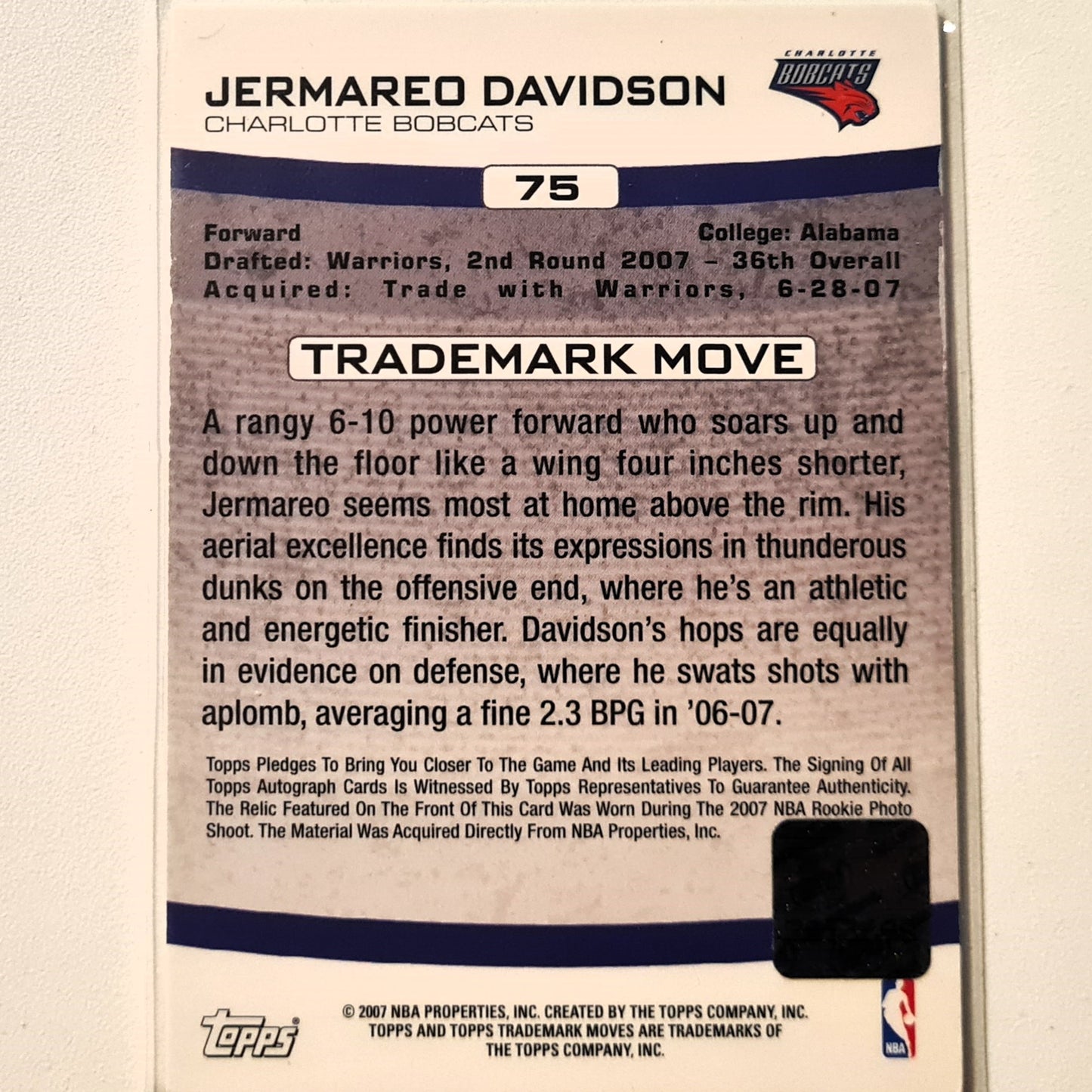 Jermared Davidson 2007 Topps trademark moves Rookie RC AUTO RELIC PATCH 123/139 NBA Basketball Charlotte Bobcats Excellent Sleeved