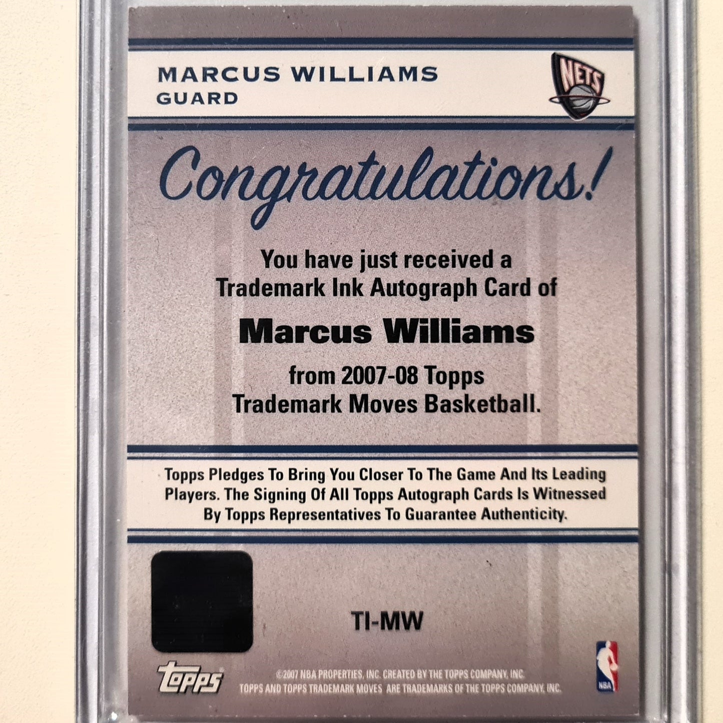 Marcus Williams 2007 Topps trademark Moves Autograph issue 07/49 Auto TI-MW NBA Basketball New Jersey Nets Excellent/Mint Sleeved