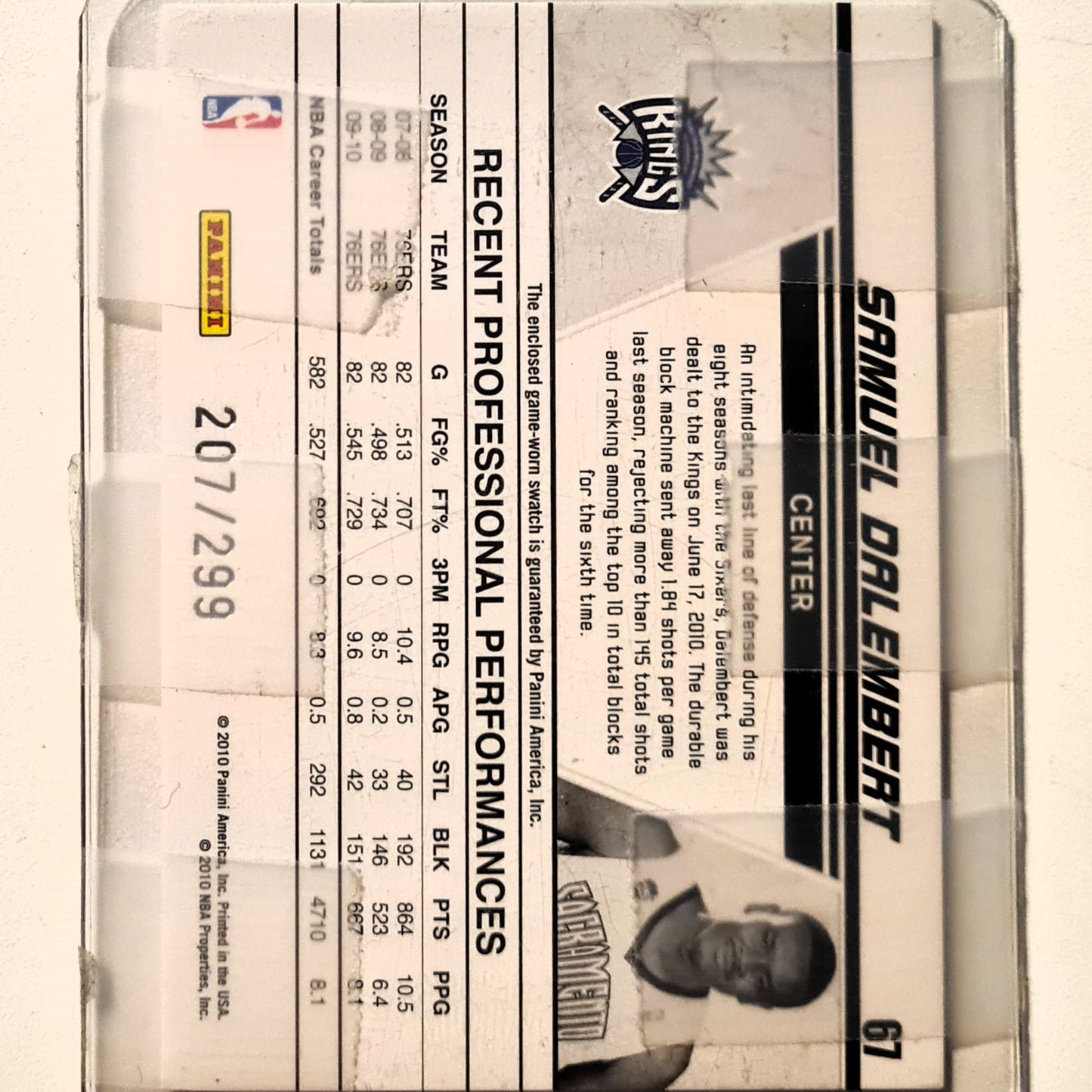 Samuel Dalembert 2010 Panini Donruss production line number 1 relic patch 207/299 #67 NBA Basketball Sacramento Kings excellent sleeved