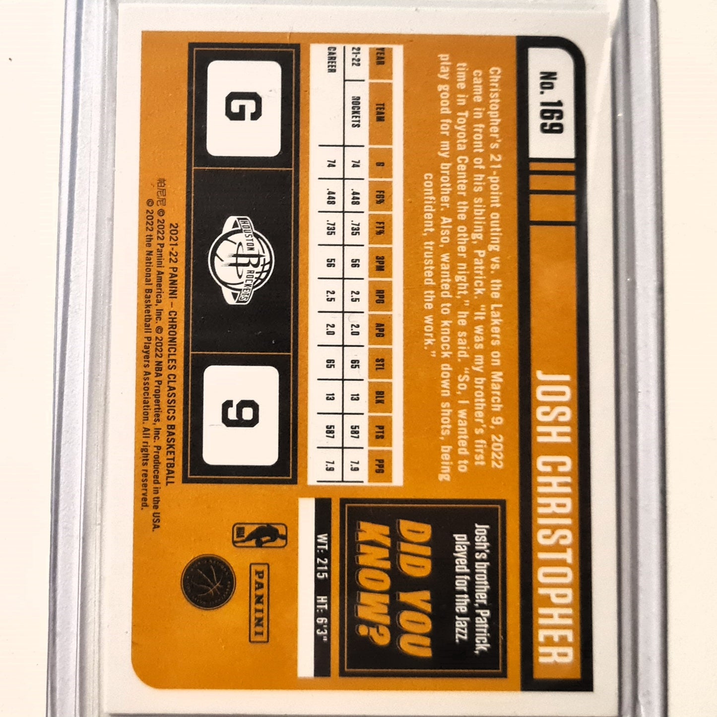 Josh Christopher 2021-22 Panini Classics Rookie RC #169 NBA Basketball Houston Rockets excellent/mint sleeved
