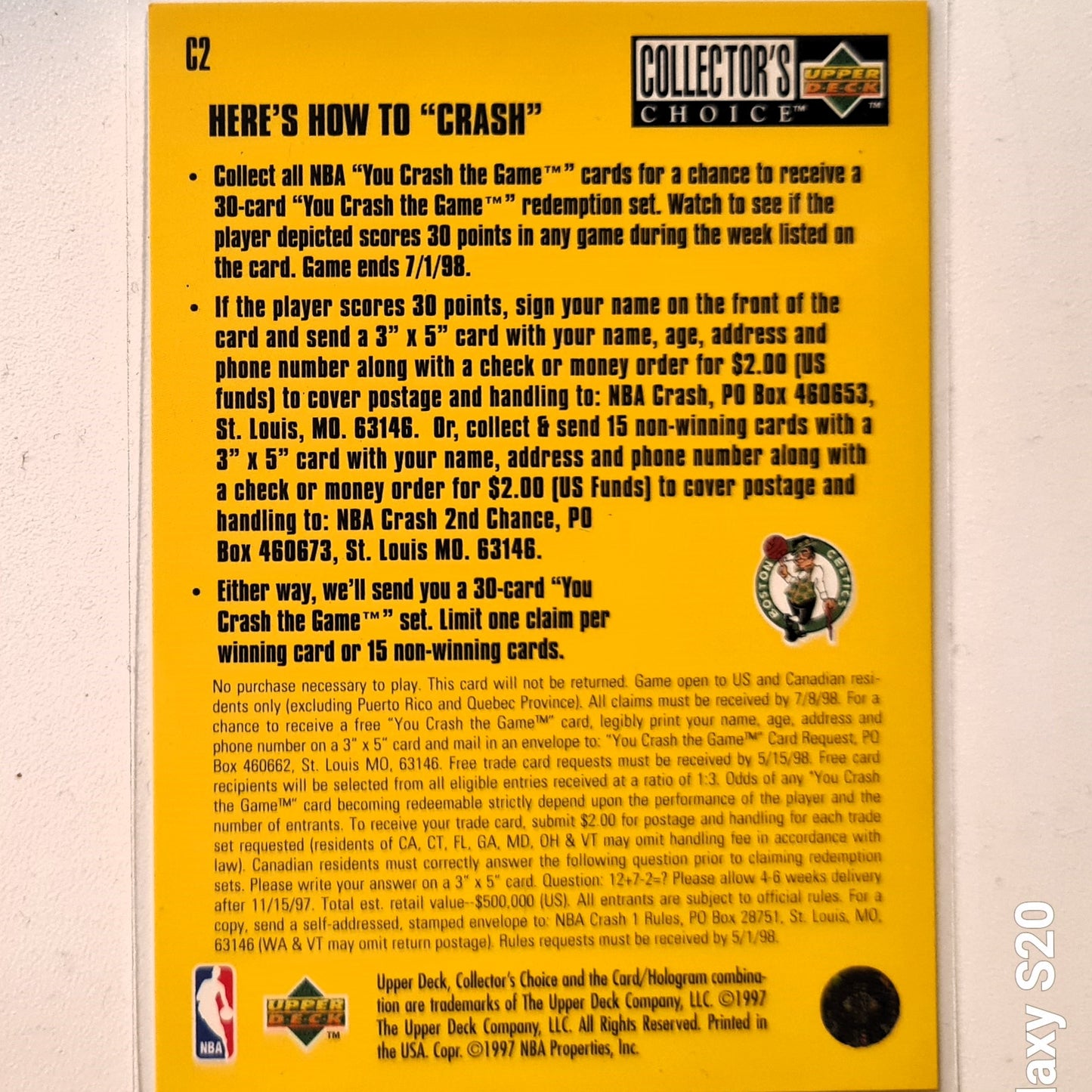 Dana Barros 1997 Upper Deck you crash the game C2 NBA Basketball Boston Celtics Excellent sleeved