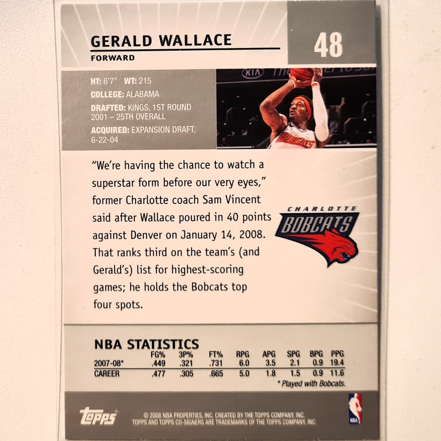 Gerald Wallace 2008 Topps Co-Signers #48 NBA Basketball Charlotte Bobcats Excellent sleeved
