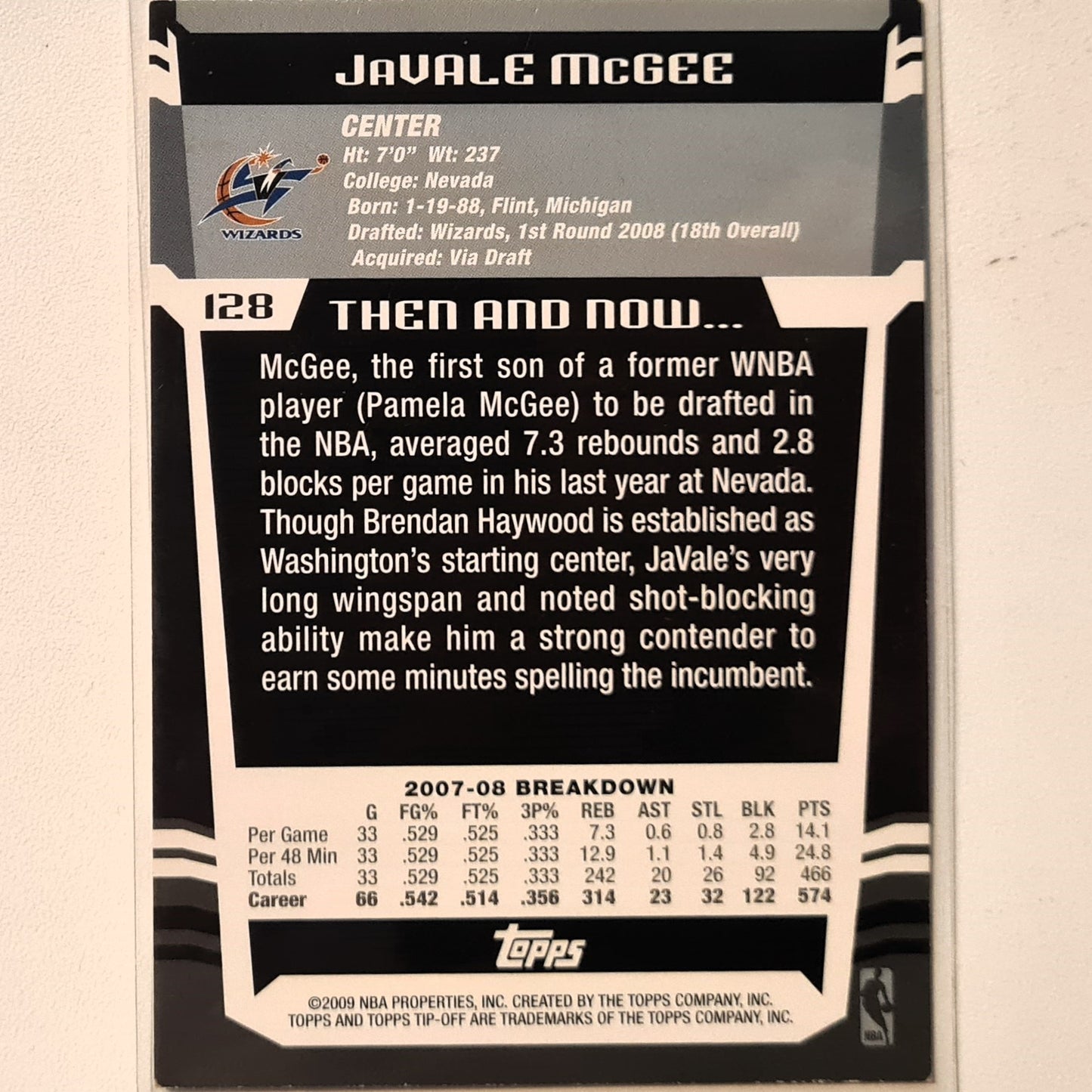 JaVale McGee 2009 Topps Tipp-off Rookie RC #128 NBA Basketball Washington Wizards good/very good sleeved