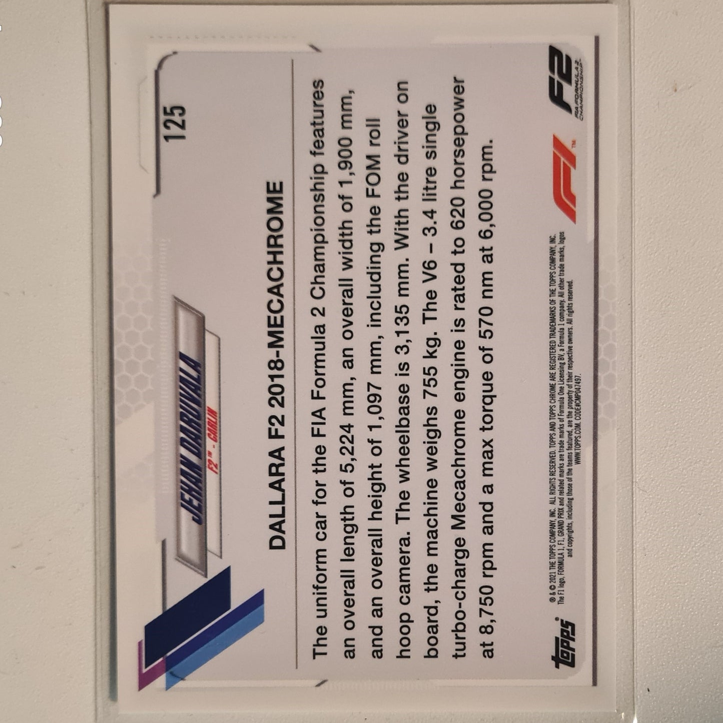 Jehan Daruvala 2021 Topps Chrome #125 Formula one F2 Carlin excellent sleeved