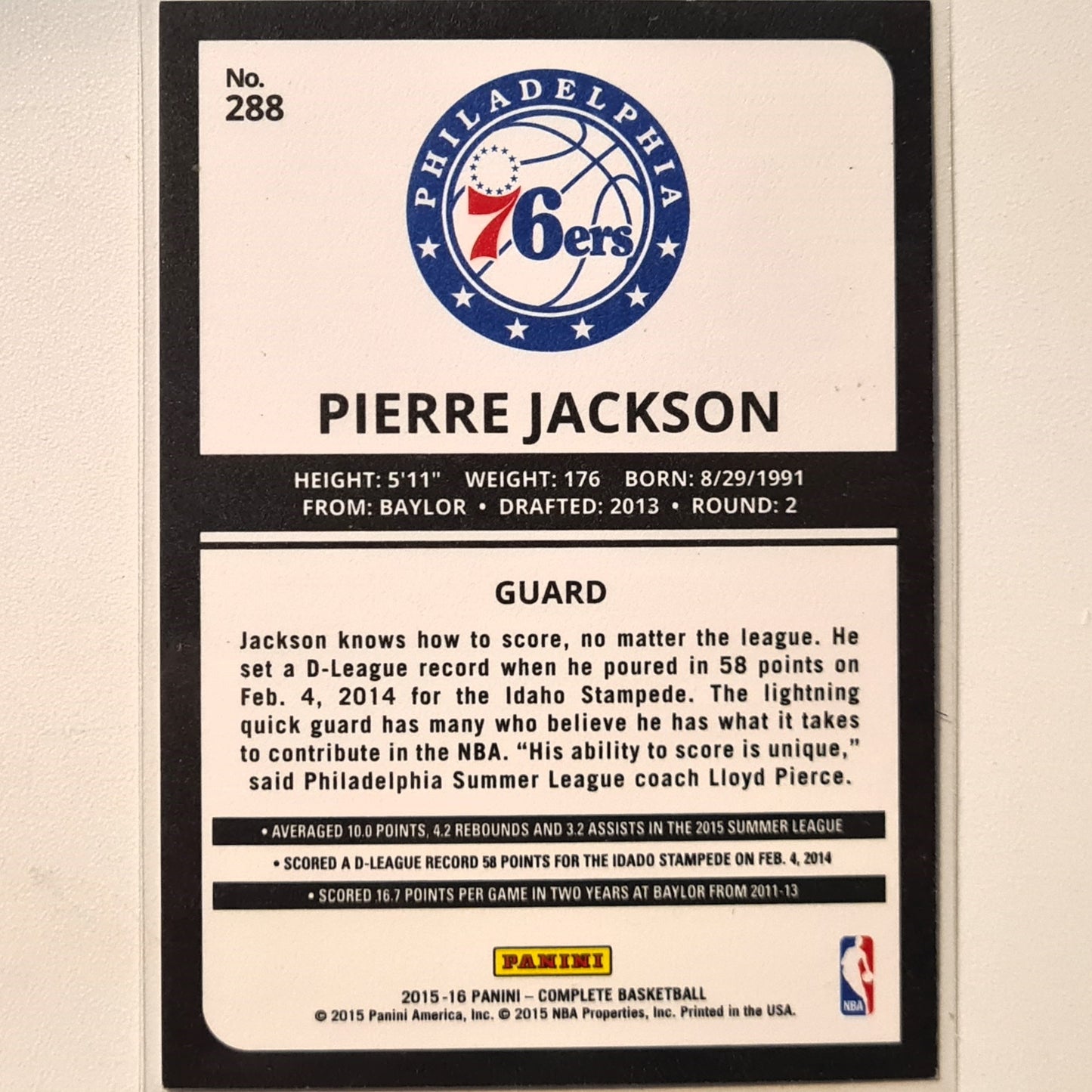 Pierre Jackson 2015-16 Panini Complete #288 NBA Basketball Philadelphia 76ers Excellent Sleeved