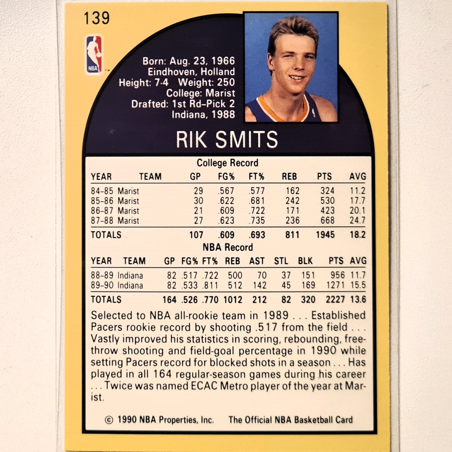 Rik Smits 1990 NBA Hoops #139 NBA Basketball Indiana Pacers Excellent Sleeved