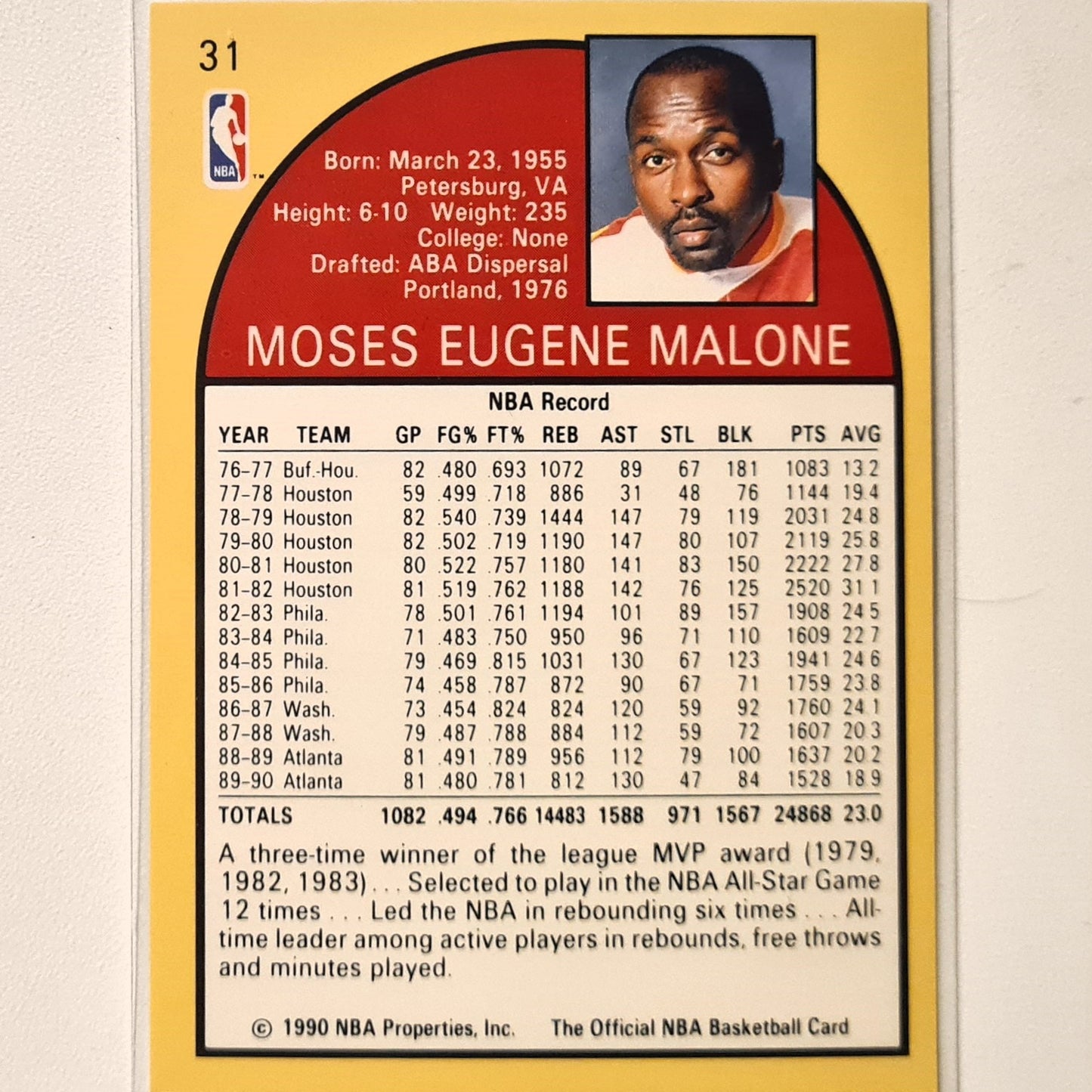 Moses Malone 1990 NBA Hoops #31 NBA Basketball Atlanta Hawks Excellent/mint Sleeved