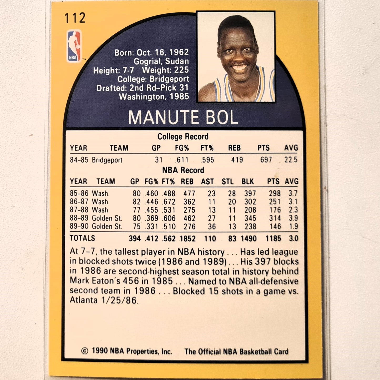 Manute Bol 1990 NBA Hoops all star weekend #112 NBA Basketball Golden State Warriors Excellent/mint sleeved