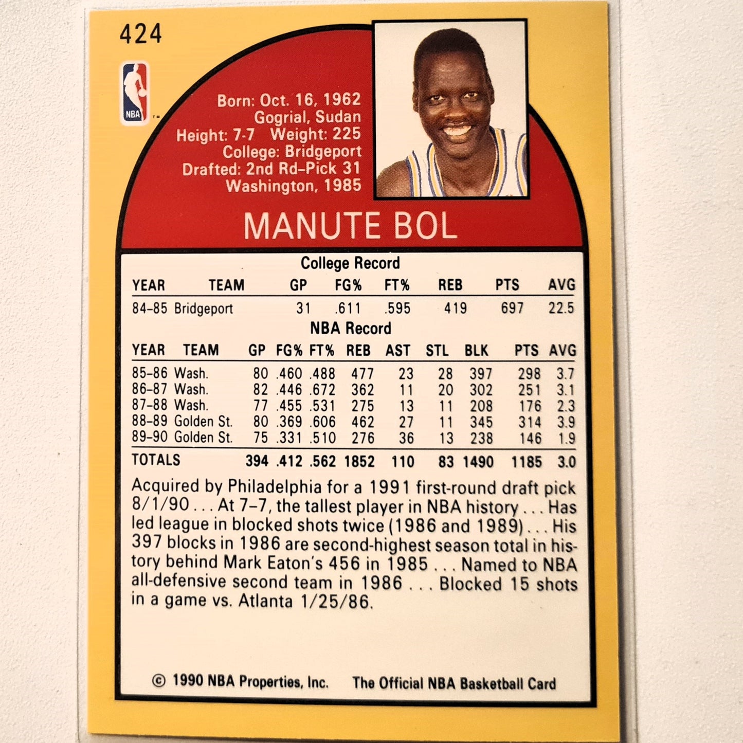 Manute Bol 1990 NBA Hoops #424 NBA Basketball Atlanta Hawks Excellent/mint sleeved