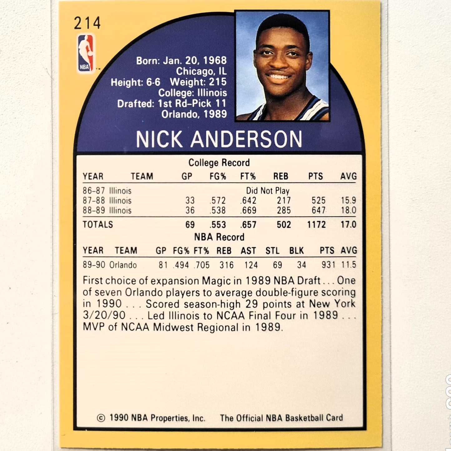 Nick Anderson 1990 NBA Hoops Rookie RC #214 NBA Basketball Orlando Magic Excellent/mint