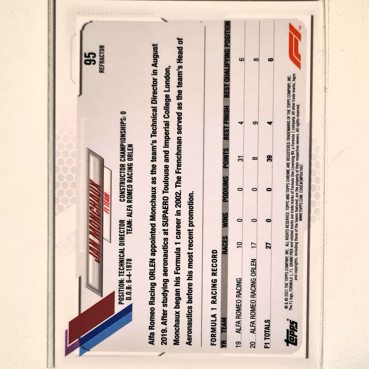 Jan Monchaux 2021 Topps Chrome Refractor #95 F1 formula One Alfa Romeo Excellent/mint Sleeved