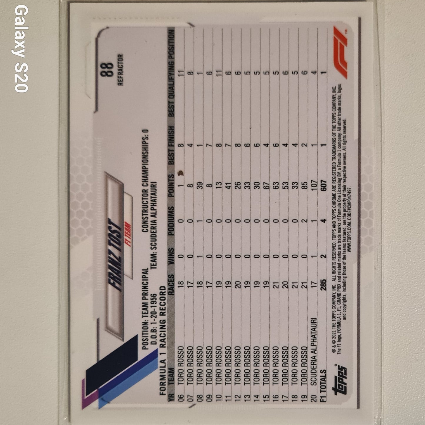 Franz Tost 2021 Topps Chrome Refractor #88 F1 formula One Alphatauri Excellent/mint Sleeved