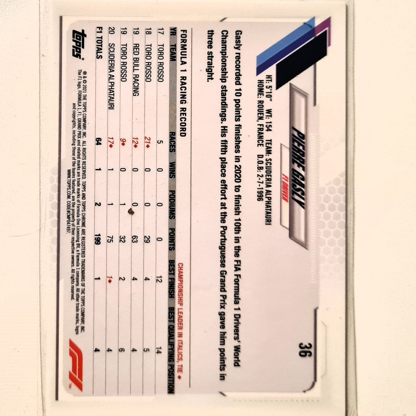 Pierre Gasly 2021 Topps Chrome #36 F1 formula One Alphatauri Excellent/mint Sleeved