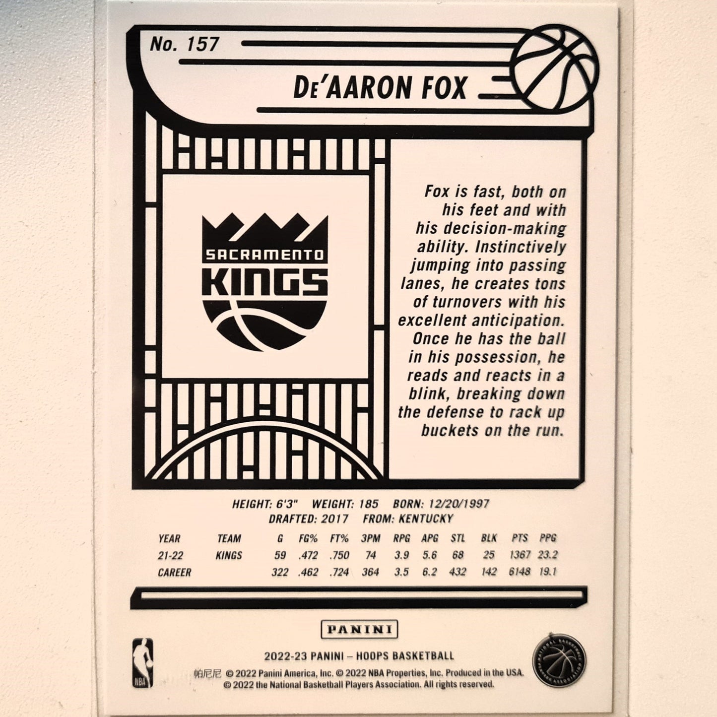 De'Aaron Fox 2022-23 Panini NBA Hoops #157 NBA Basketball Sacramento Kings excellent/mint Sleeved