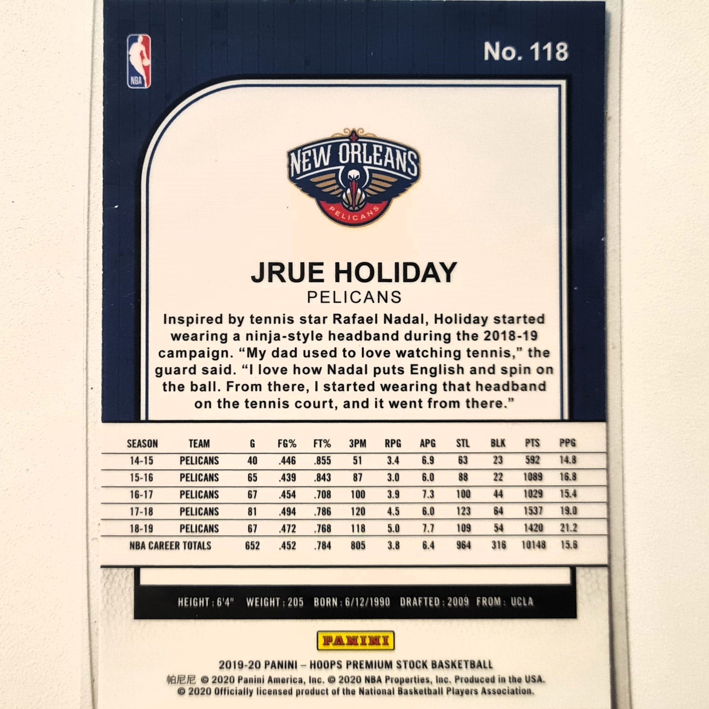 Jrue Holiday 2019-20 Panini NBA Hoops premium stock #118 NBA Basketball New Orleans Pelicans Excellent sleeved