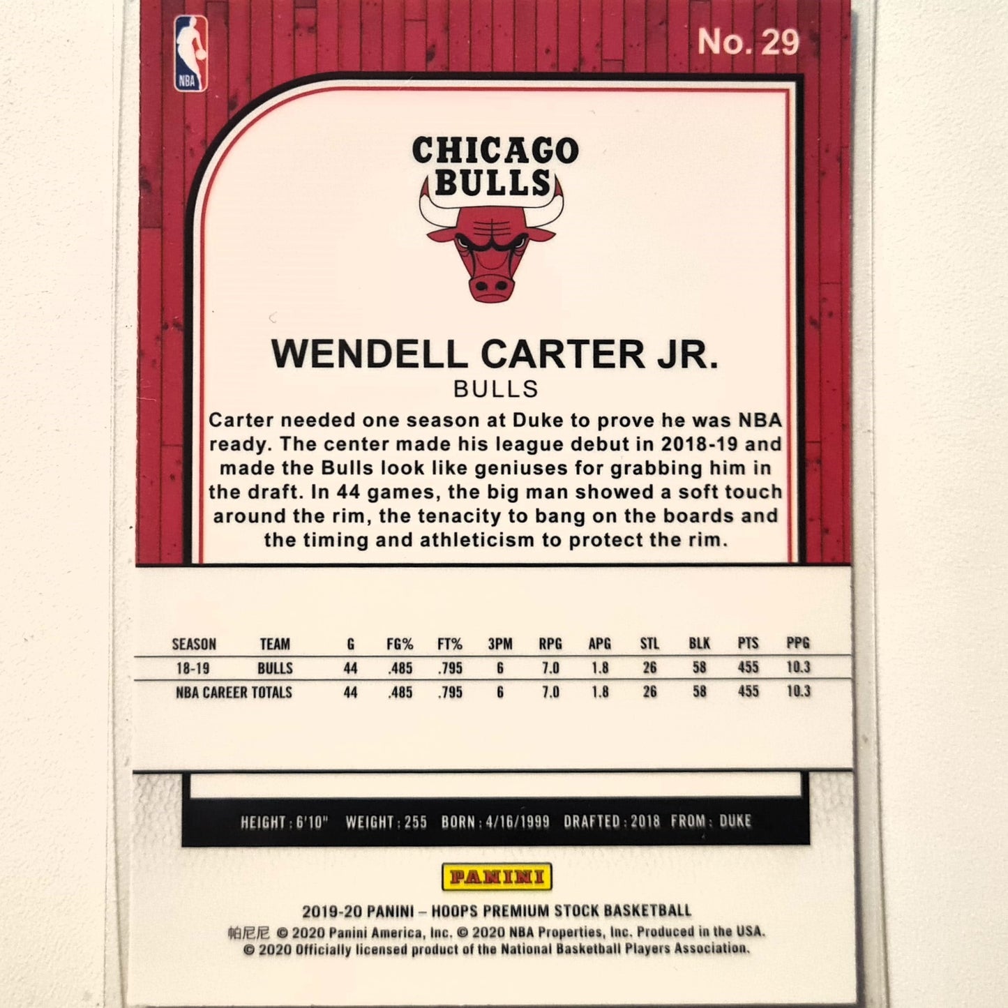 Wendell Carter Jr 2019-20 Panini NBA Hoops premium stock #29 NBA Basketball Chicago Bulls Excellent sleeved