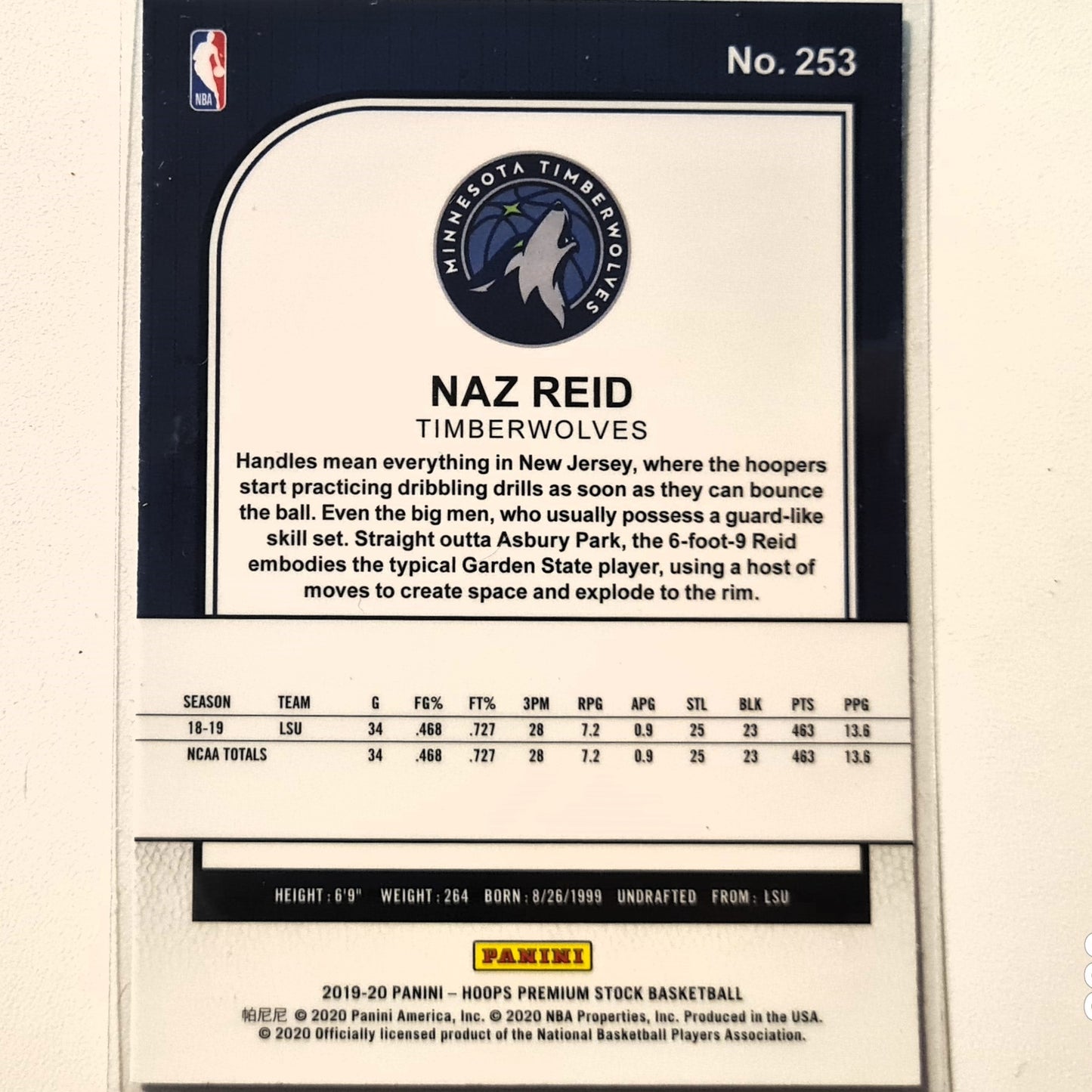 Naz Reid 2019-20 Panini NBA Hoops premium stock Rookie RC #253 NBA Basketball Minnesota Timberwolves Excellent sleeved
