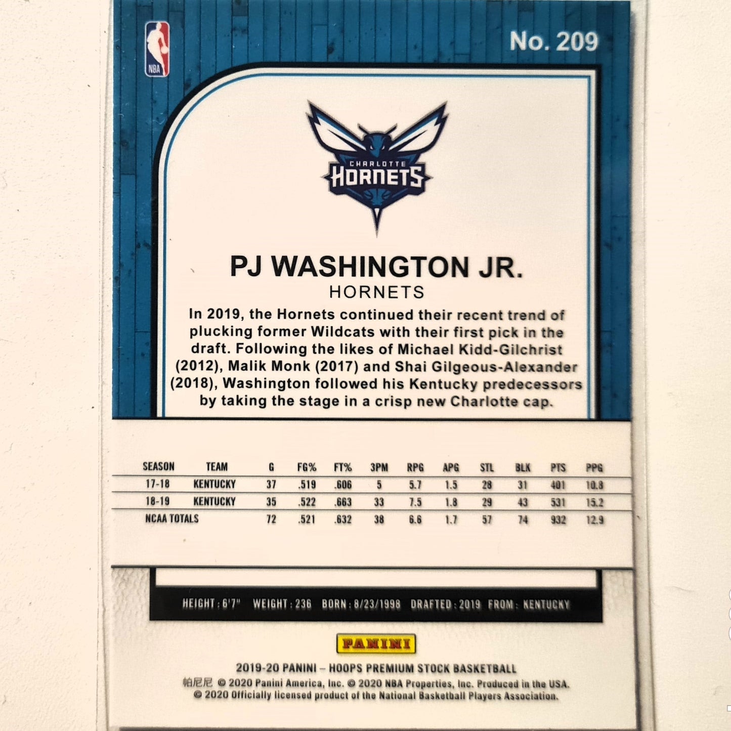 PJ Washington 2019-20 Panini NBA Hoops premium stock Rookie RC #209 NBA Basketball Charlotte Hornets Excellent sleeved