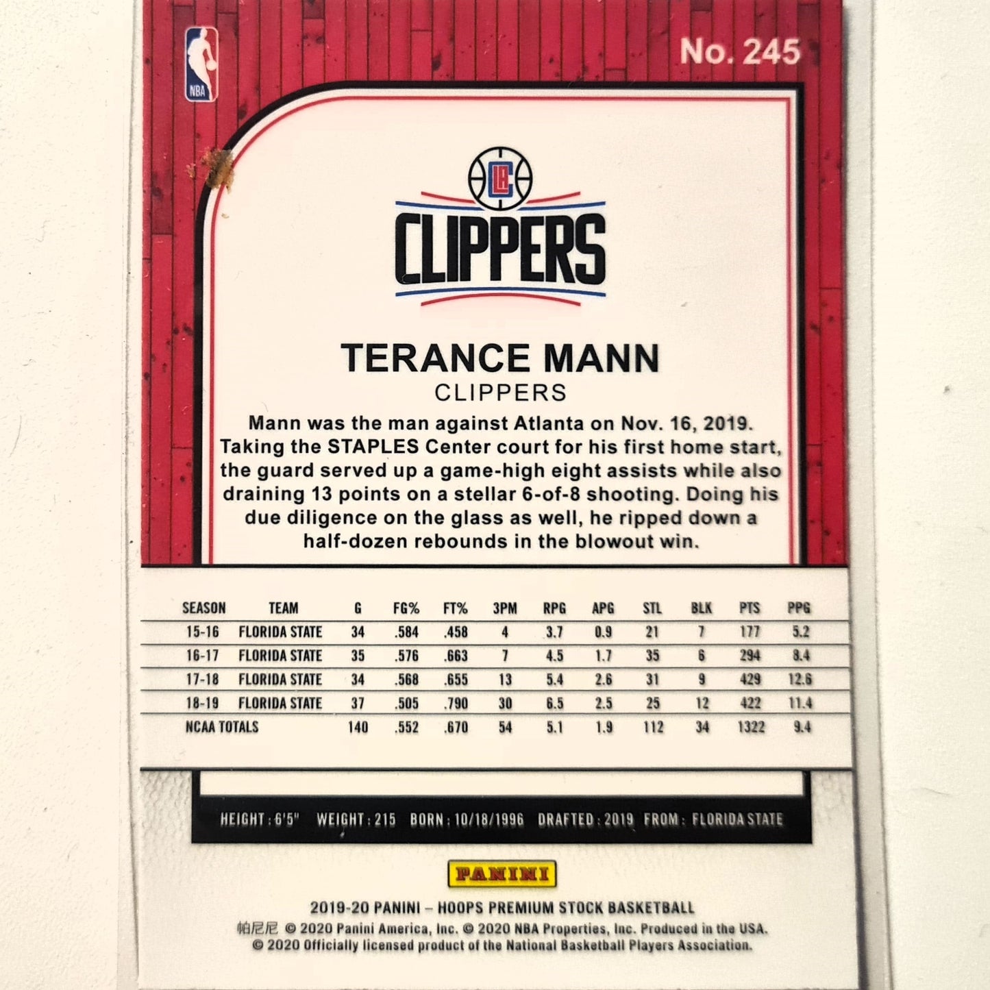 Terance Mann 2019-20 Panini NBA Hoops premium stock Rookie RC #245 NBA Basketball LA Clippers Excellent sleeved