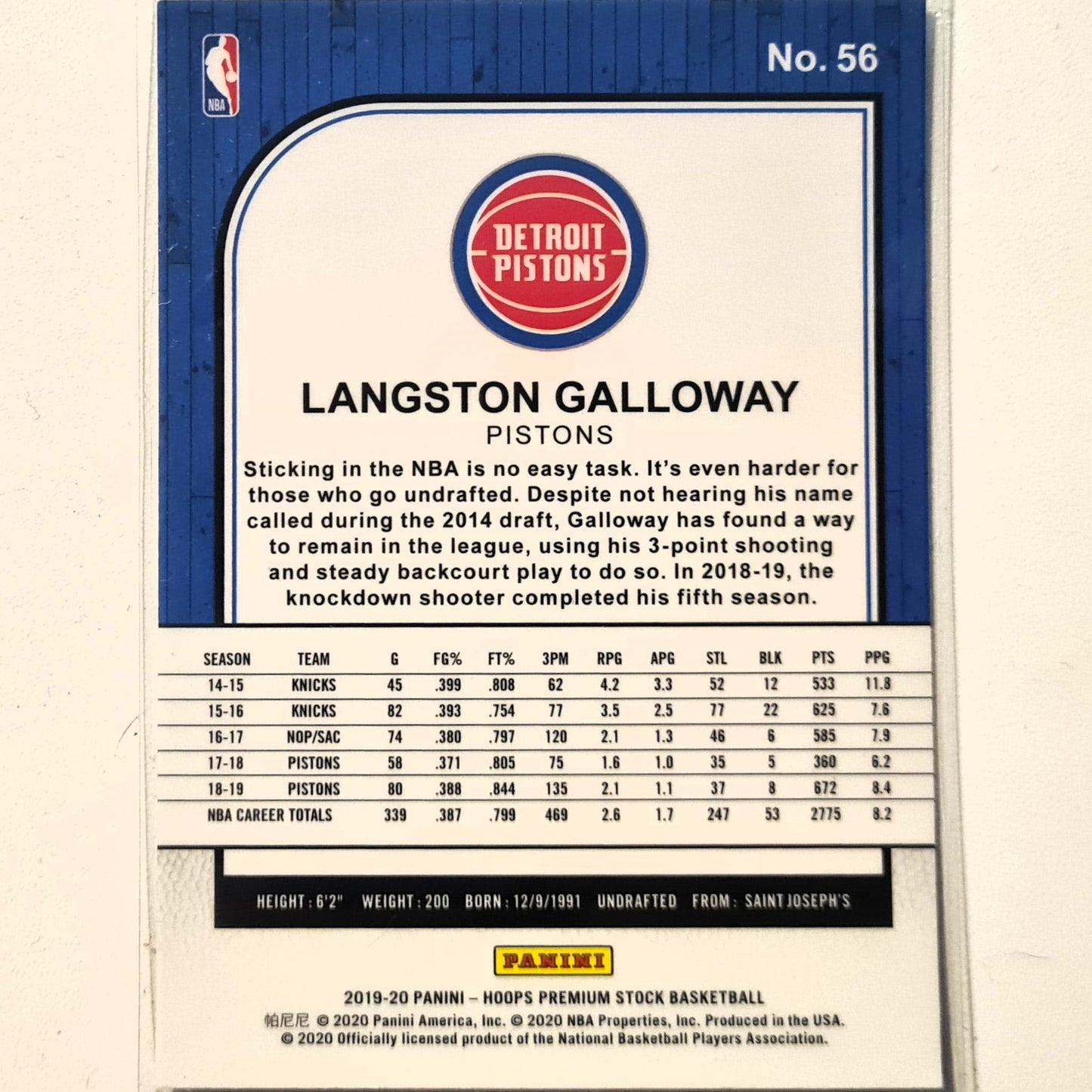 Langston Galloway 2019-20 Panini NBA Hoops premium stock #56 NBA Basketball Detroit Pistons Excellent sleeved