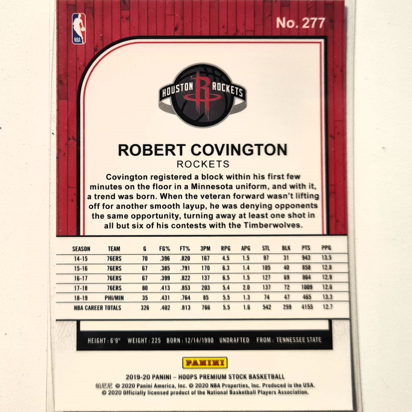 Robert Covington 2019-20 Panini NBA Hoops premium stock #277 NBA Basketball Houston Rockets Excellent sleeved