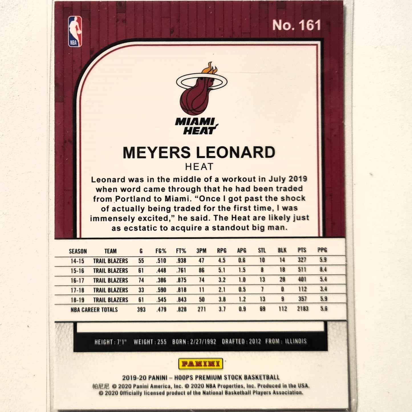 Meyers Leonard 2019-20 Panini NBA Hoops premium stock #161 NBA Basketball Miami Heat Excellent/mint sleeved
