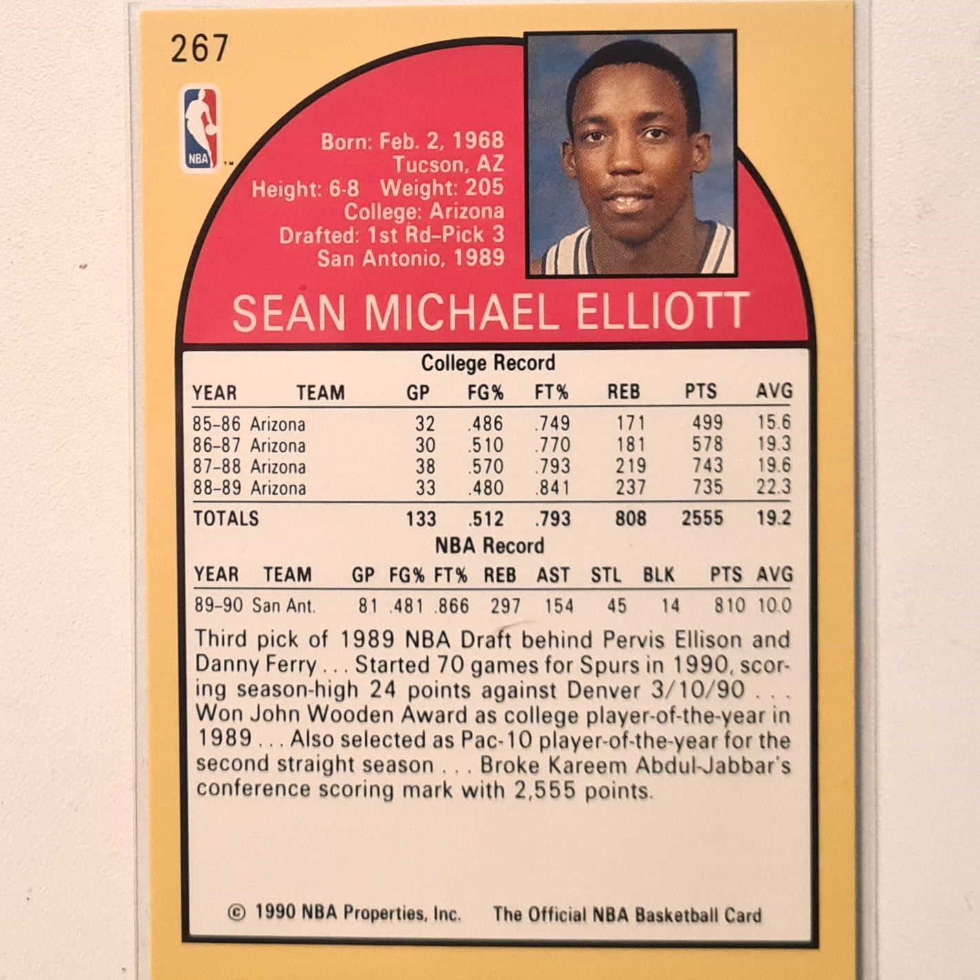 Sean Elliott 1990 Skybox NBA Hoops rookie RC #267 NBA Basketball San Antonio Spurs Excellent/mint sleeved