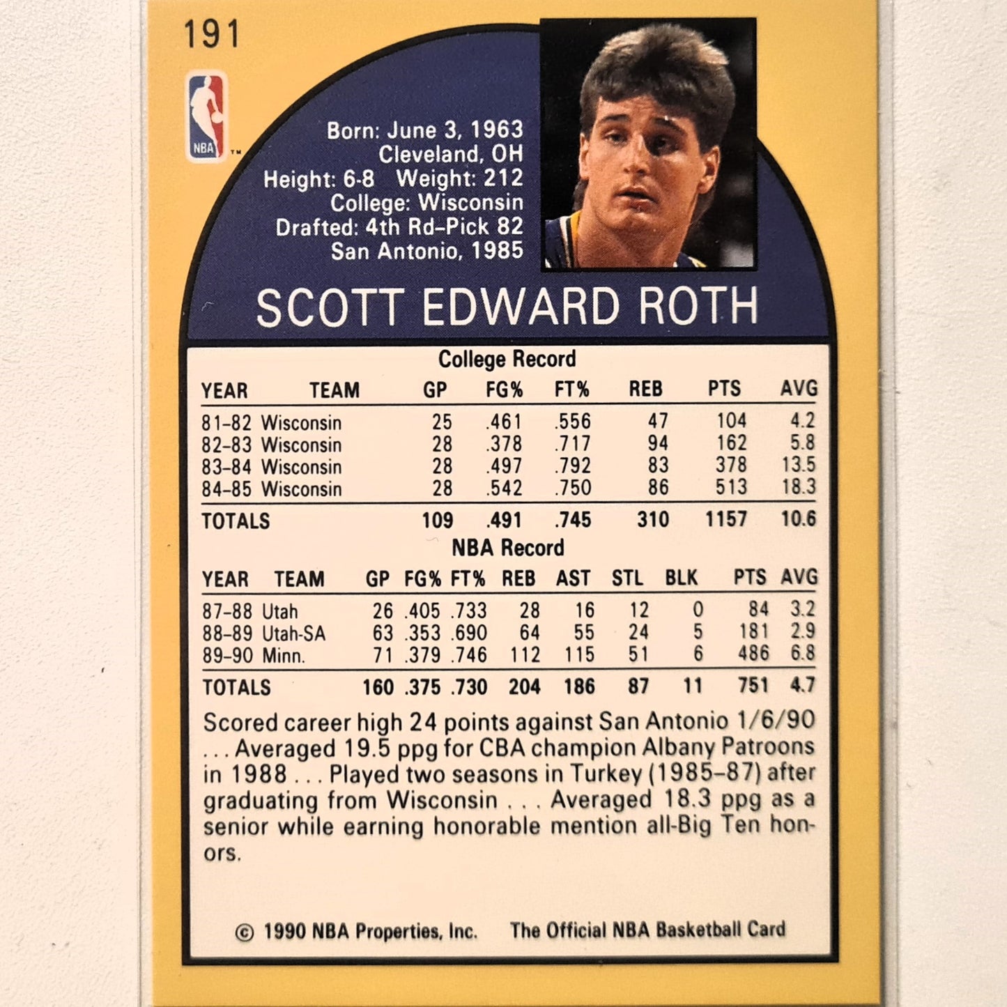 Scott Roth 1990 Skybox NBA Hoops unusual non metallic version #191 NBA Basketball Minnesota Timberwolves Excellent sleeved