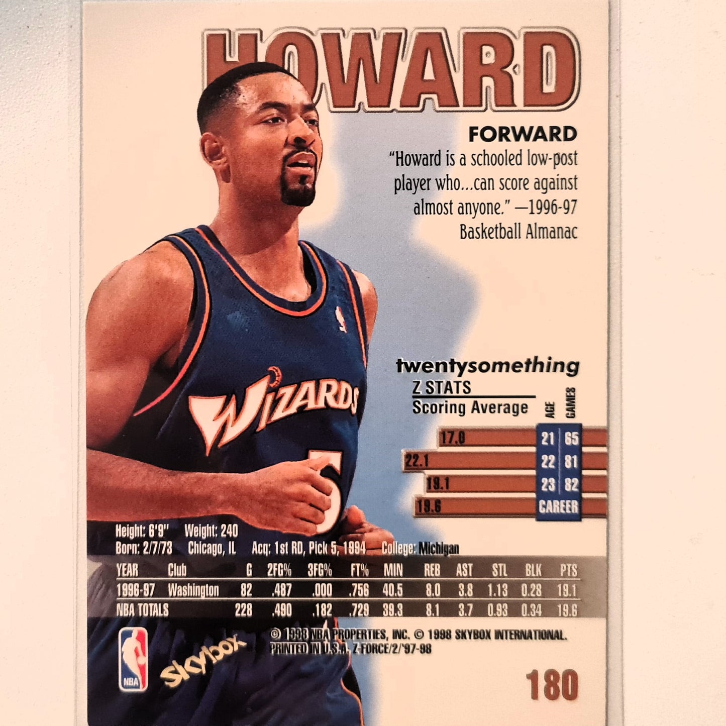 Juwan Howard 1998 Skybox Z-Force #180 NBA Basketball Washington Wizards good/very good sleeved