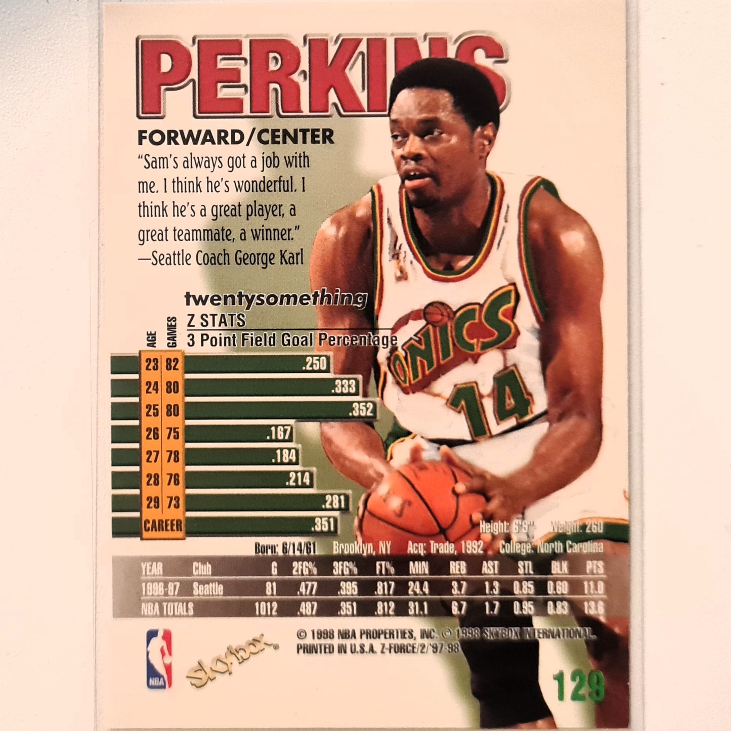 Sam Perkins 1998 Skybox Z-Force #129 NBA Basketball Seattle Super Sonics Excellent sleeved