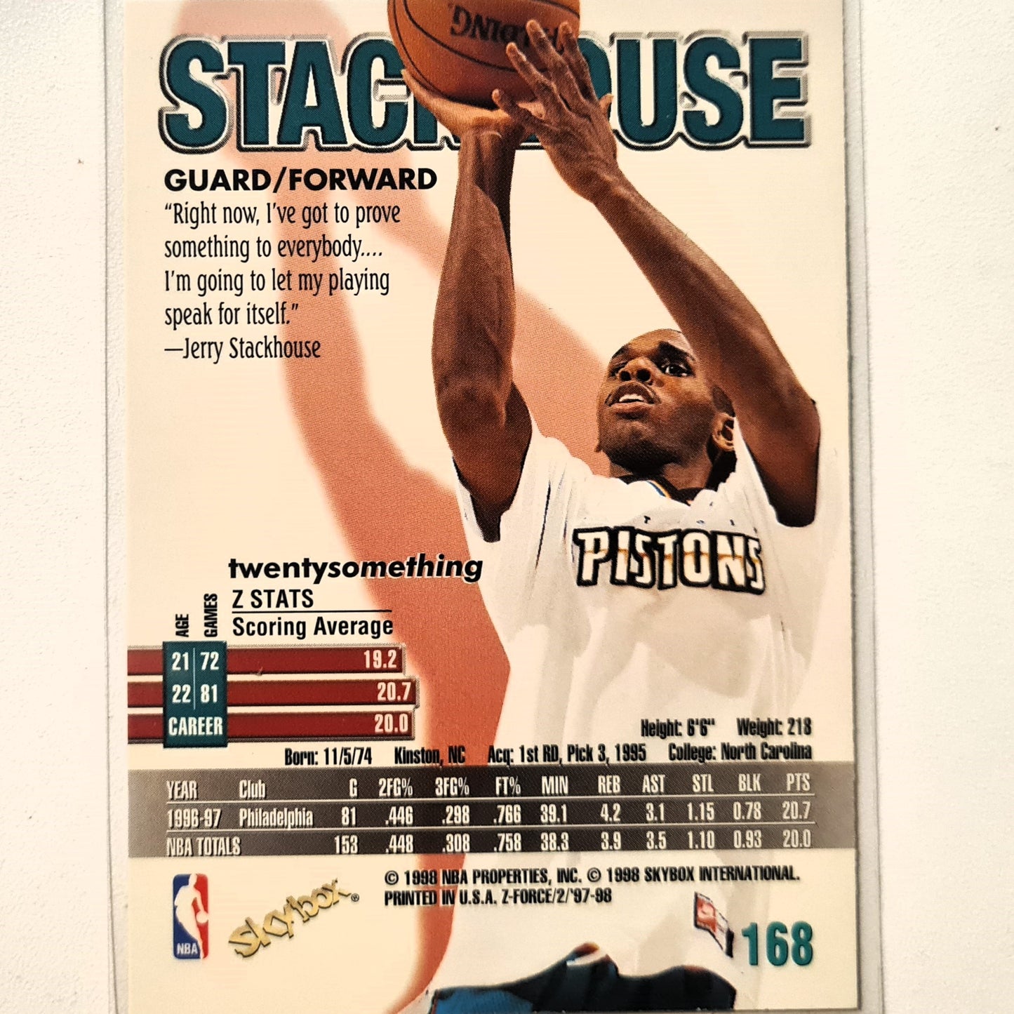 Jerry Stackhouse 1998 Skybox Z-Force #168 NBA Basketball Detroit Pistons Excellent Sleeved