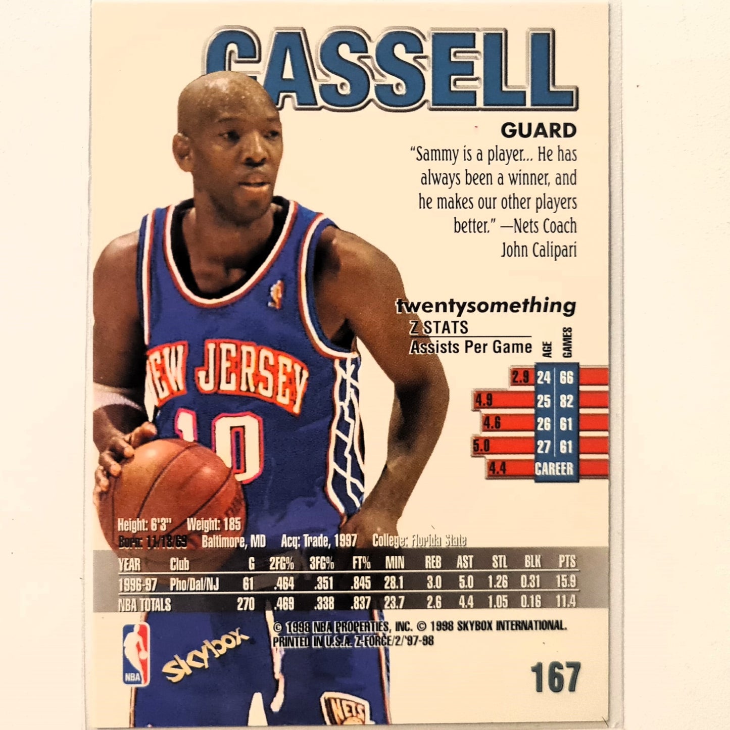 Sam Cassell 1998 Skybox Z-Force #167 NBA Basketball New Jersey Nets Excellent Sleeved