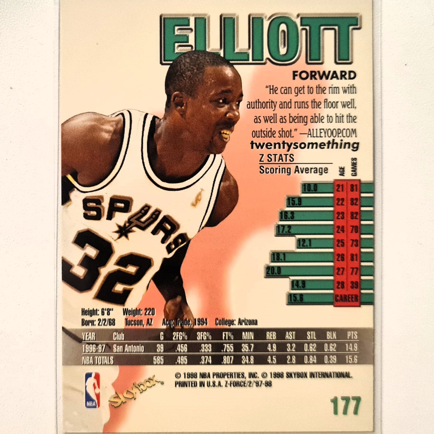 Sean Elliott 1998 Skybox Z-Force #177 NBA Basketball San Antonio Spurs Excellent Sleeved