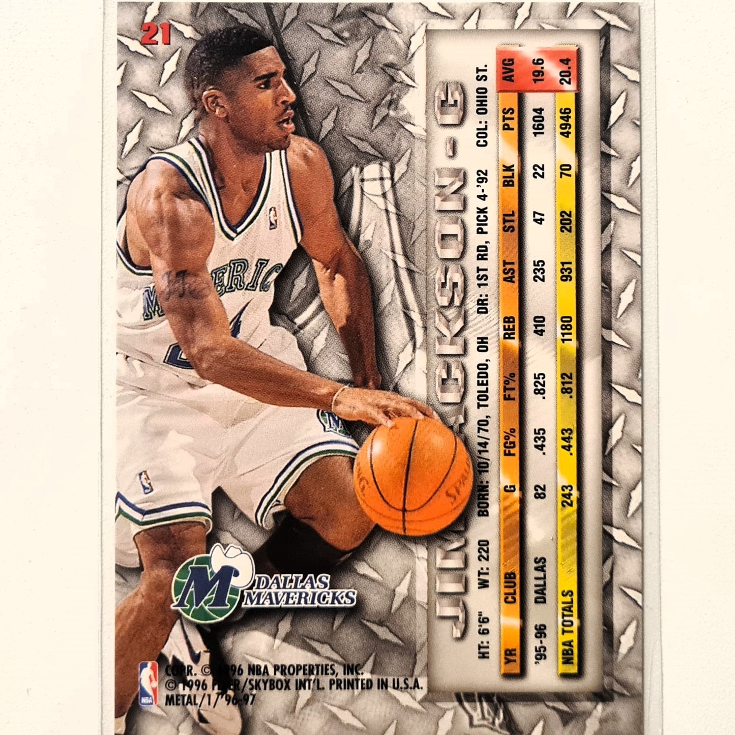 Jim Jackson 1996 Fleer Metal 96-97 #21 NBA Basketball Dallas Mavericks Excellent sleeved
