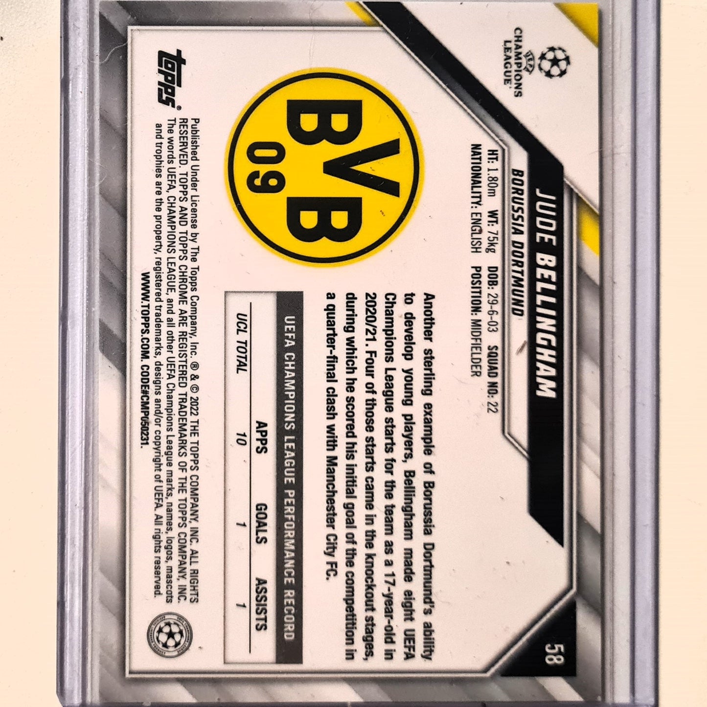 Jude Bellingham 2021 Topps Chrome champions league rookie all team RC #58 Borussia Dortmund mint sleeved in case