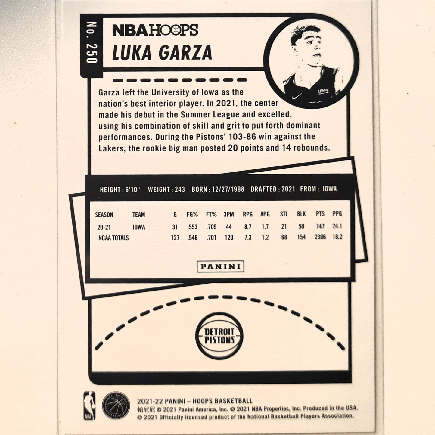Luka Garza 2021-22 Panini NBA Hoops Winter edition Rookie RC #250 NBA Basketball Detroit Pistons Excellent/mint sleeved