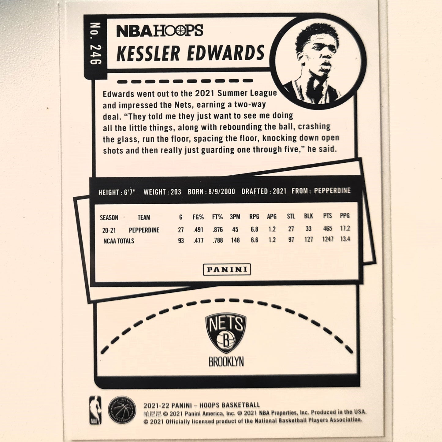 Kessler Edwards 2021-22 Panini NBA Hoops Winter edition Rookie RC #246 NBA Basketball Brooklyn Nets Excellent/mint sleeved
