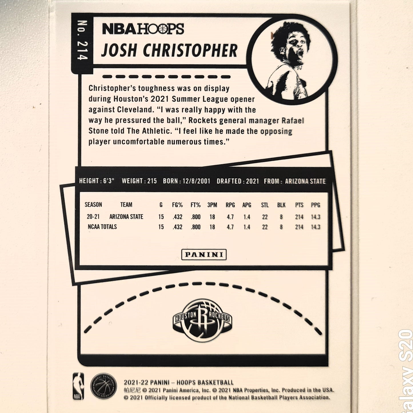 Josh Christopher 2021-22 Panini NBA Hoops Winter edition Rookie RC #214 NBA Basketball Houston Rockets Excellent/mint sleeved