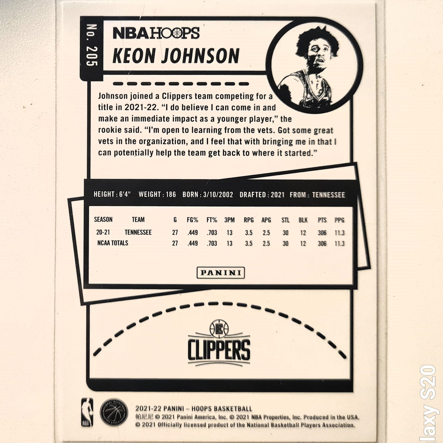 Keon Johnson 2021-22 Panini NBA Hoops Winter edition Rookie RC #205 NBA Basketball LA Clippers Excellent/mint sleeved