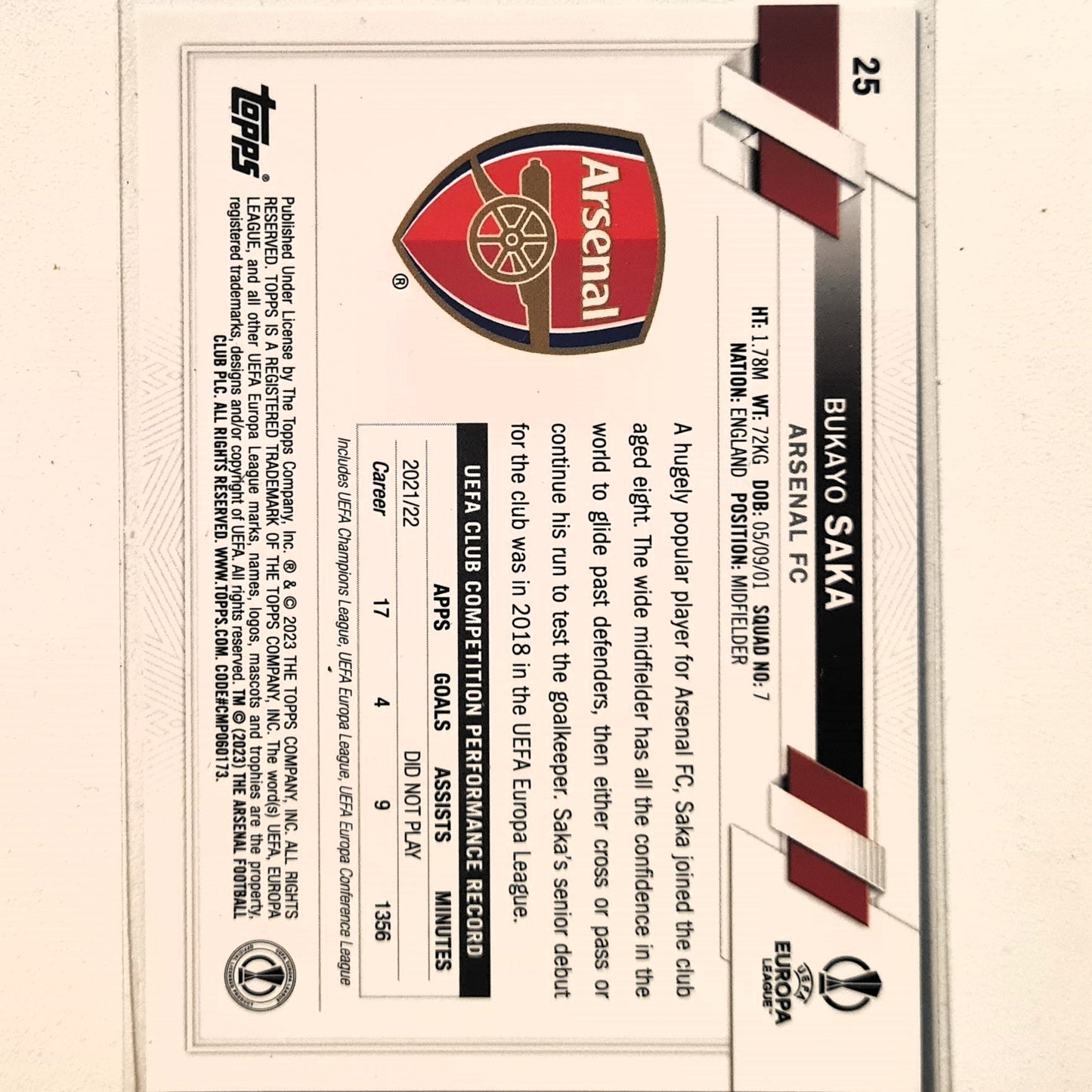 Bukayo Saka 2023 Topps Chrome Champions League #25 Soccer football Arsenal Mint sleeve d