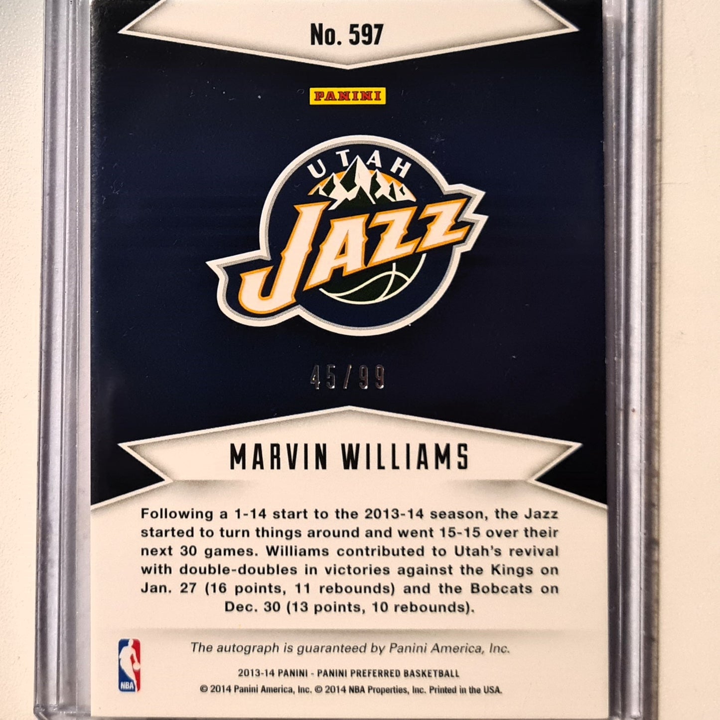 Marvin Williams 2013-14 Panini Preferred 45/99 #597 NBA Basketball Utah Jazz Excellent Sleeved