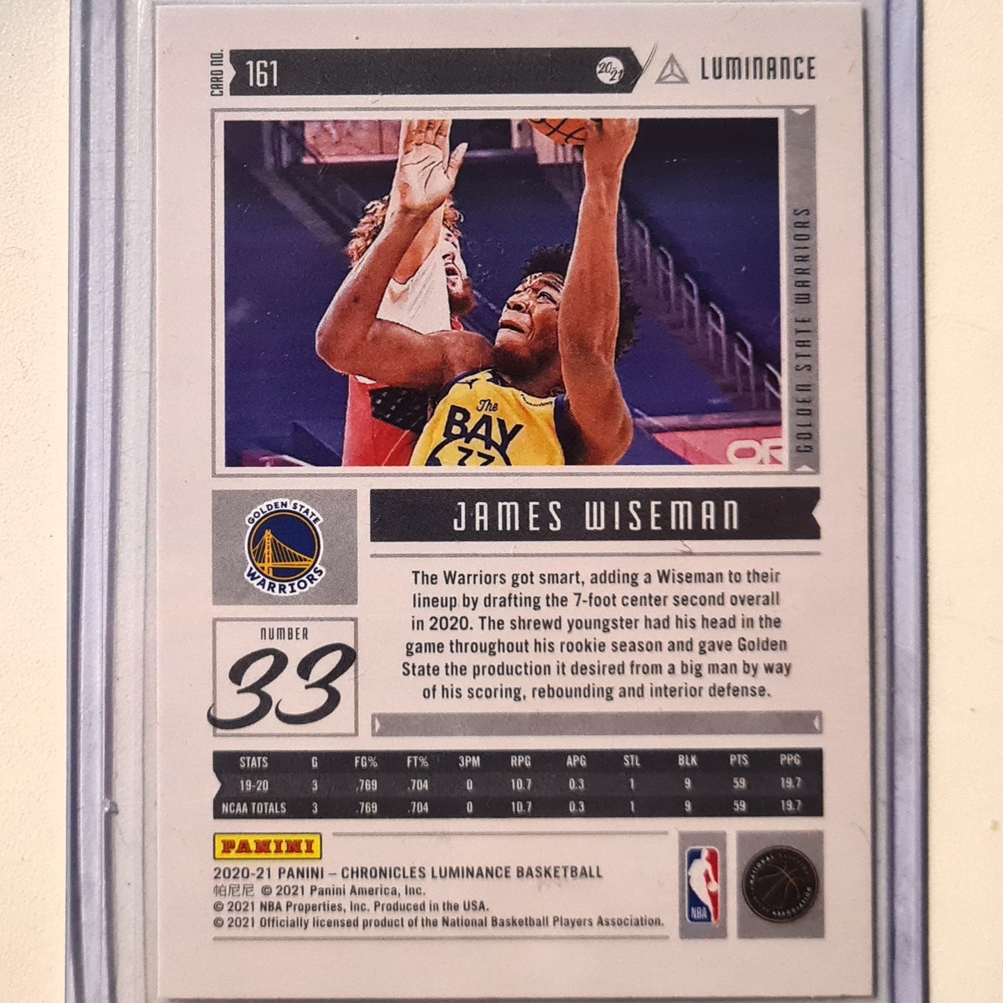 James Wiseman 2020-21 Panini Luminance Rookie RC #161 NBA Basketball Golden State Warriors Excellent/mint Sleeved