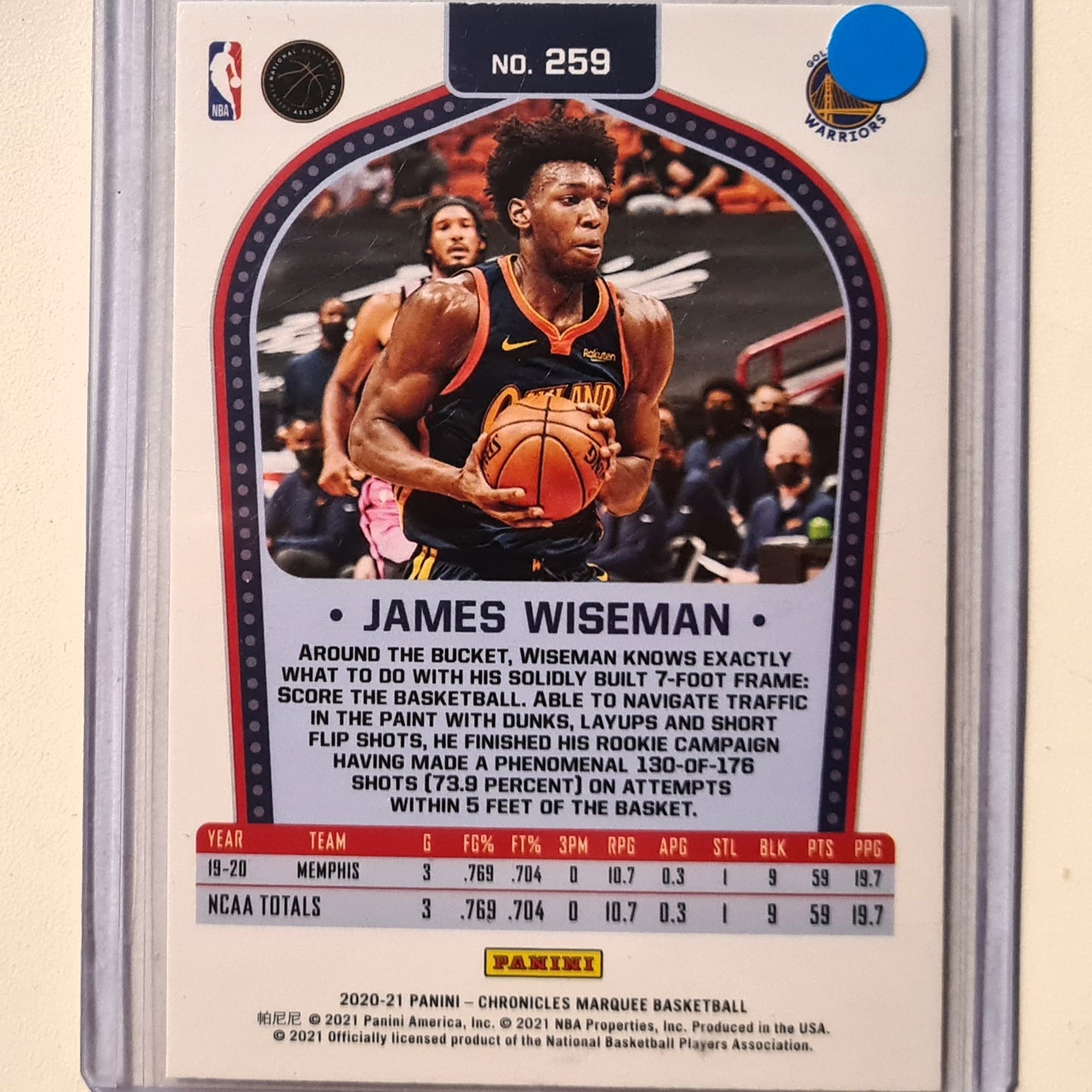 James Wiseman 2020-21 Panini Chronicles Marquee Rookie RC #259 NBA Basketball Golden State Warriors Excellent Sleeved