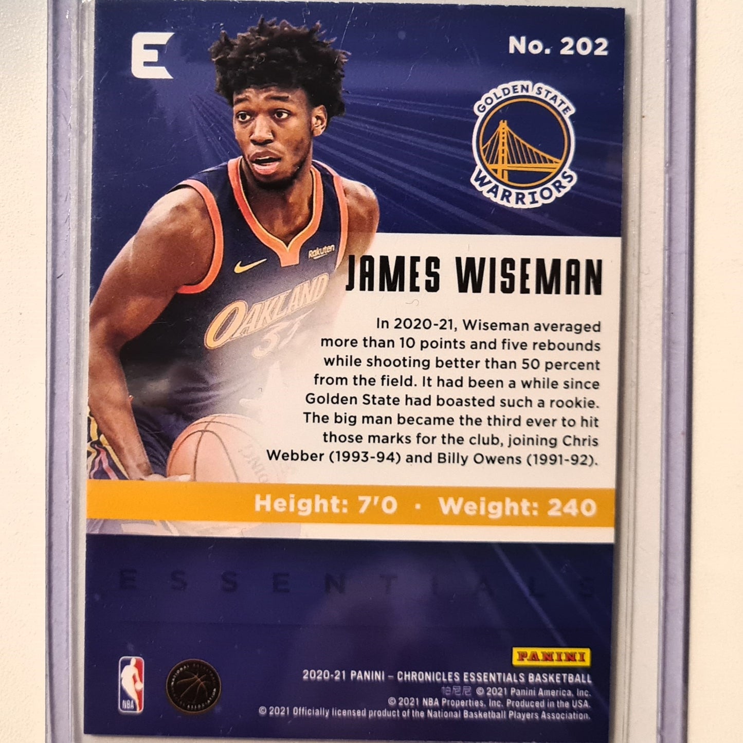 James Wiseman 2020-21 Panini Chronicles Essentials Rookie RC #202 NBA Basketball Golden State Warriors Excellent Sleeved