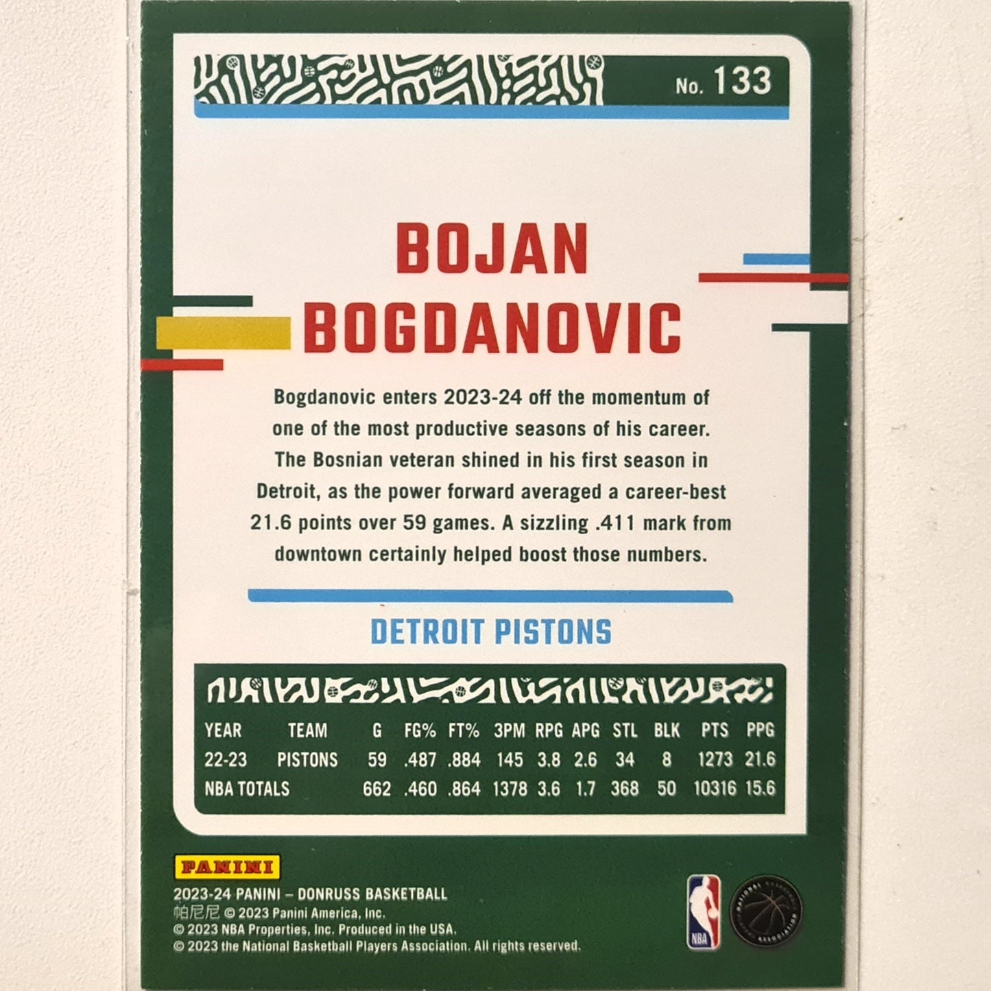 Bojan Bogdanovic 2023-24 Panini Donruss green laser Holo #133 NBA Basketball Detroit Pistons Excellent Sleeved