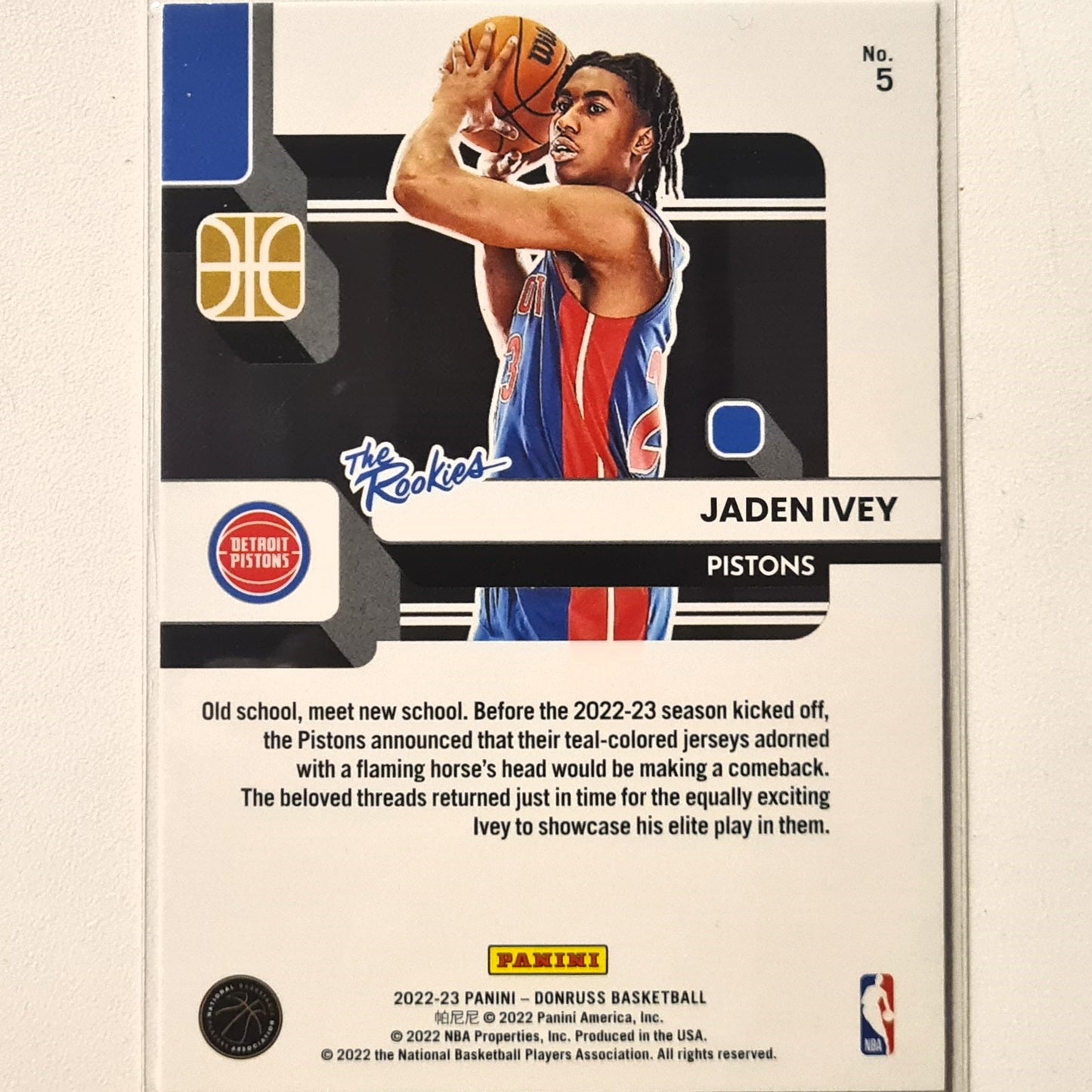 Jaden Ivey 2022-23 Panini Donruss the rookies Rookie RC #5 NBA Basketball Detroit Pistons Excellent Sleeved